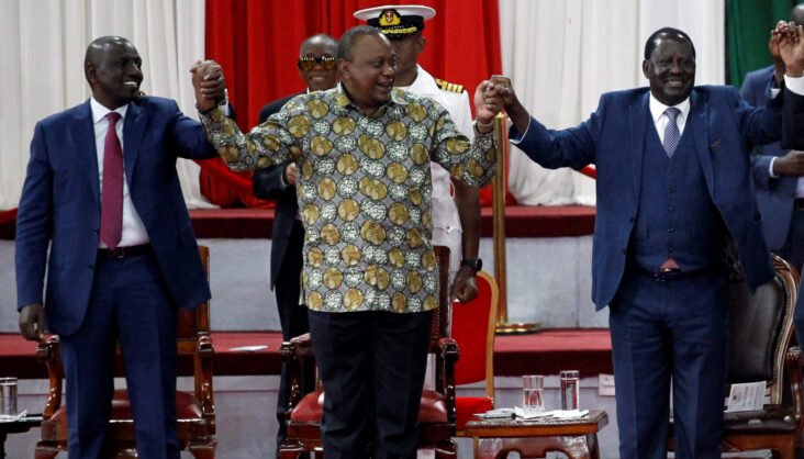 William Ruto (left) and Raila Odinga (right) are facing off to see who succeeds President Uhuru Muigai Kenyatta (centre) William Ruto (left) and Raila Odinga (right) are facing off to see who succeeds President Uhuru Muigai Kenyatta (centre)